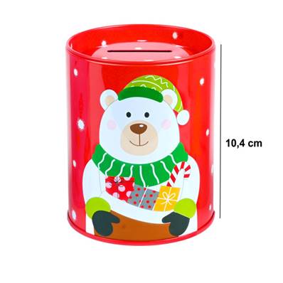 Tirelire Ronde Métal Ours de Noël  8,5 x 10,4 Cm