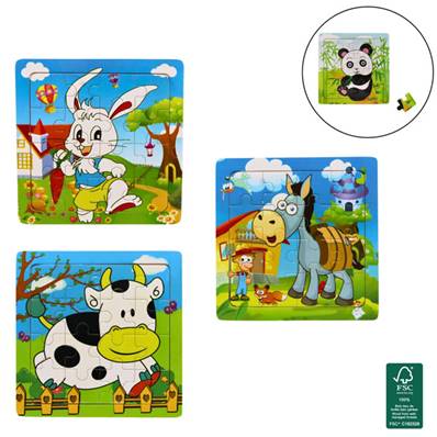 Puzzle Animal 16 Pièces en Bois 15 x 15 Cm 4 Modèles Assortis
