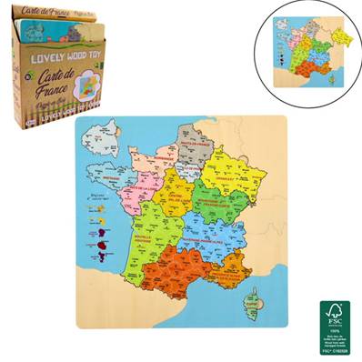 Puzzle Carte Des Régions Française en Bois 29,5 x 30 Cm