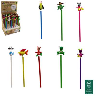 Crayon à Papier en Bois 23 Cm Embout Animal 8 Modèles Assortis